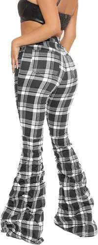 Vista 2 de ECDAHICC Pantalones vintage apilados a cuadros para mujer, estilo retro, de talle alto, a cuadros, acampanados, fruncidos