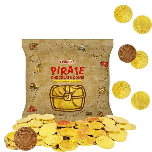 Vista 4 de Fruidles Monedas de chocolate con leche belga pirata, lácteos certificados Kosher, sin OMG (paquete de 25)