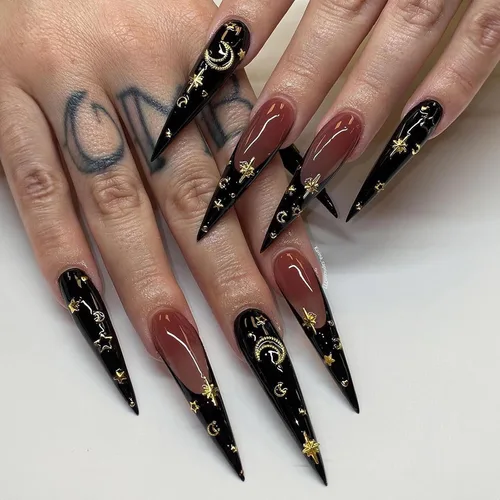 Vista 9 de MISUD Uñas a presión largas tipo Stiletto con pegamento de Rojo Gótico y Negro, diseño gótico cruzado acrílico, 24 piezas 02301Negro y Rojo