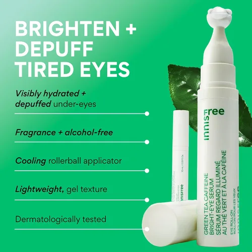 Vista 2 de Innisfree Green Tea Caffeine Depuffing Eye Serum with Niacinamide, Cooling Korean Eye Roll-On for Hydration and Brightening
