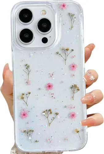 Vista 37 de LSEEKA Funda transparente para iPhone 11 con diseño de flores prensadas reales, linda y brillante, patrón floral rosa, funda protectora delgada