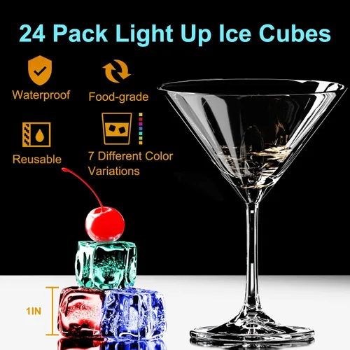 Vista 2 de 24 cubos de hielo impermeables con luz LED para bebidas que cambian de color, parpadean en la oscuridad, para bar, club, beber, fiesta, vino, boda