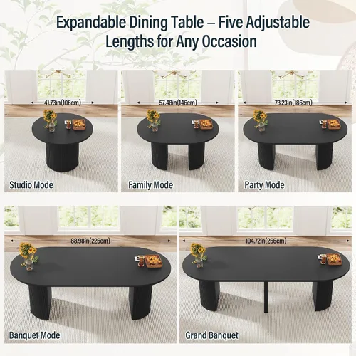 Vista 4 de weselon Mesa de comedor extensible de 42 a 105 pulgadas para 4 a 12, mesa de comedor ovalada expandible con base de pedestal estriada y pata