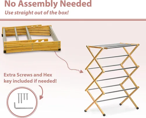 Vista 3 de Tendedero plegable de madera de bambú prémium con postes de metal, totalmente montado, agarres antideslizantes, altura ajustable, 11 postes con 23