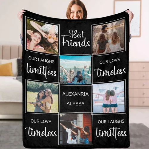 Vista 9 de YESCUSTOM Manta personalizada de Friends Forever con collage de fotos y texto, manta personalizada para mejores amigos, mejores amigos, cumpleaños