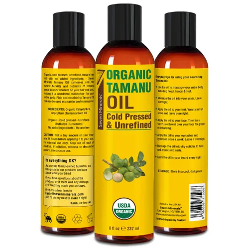 Vista 5 de Seven Minerals Aceite orgánico de Tamanu USDA – Big 8oz (8.1 fl oz) – Prensado en frío y 100% puro Tamanu orgánico para piel, cara, cabello y uñas