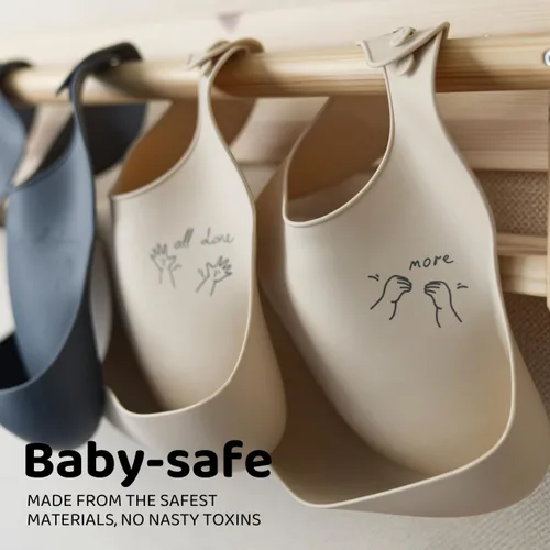 Vista 7 de APLAINR Babero de lenguaje de señas para bebé, baberos de silicona para bebés, gráficos ASL, atrapador de alimentos, ajustable, impermeable, suave
