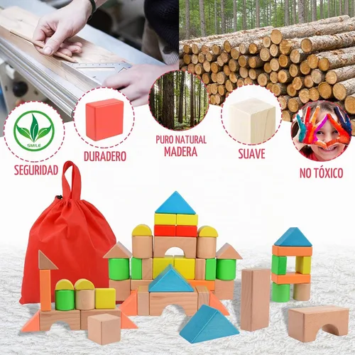 Vista 6 de Migargle Juego de bloques de construcción de madera grande - Juguetes educativos de aprendizaje preescolar con bolsa de transporte, bloques