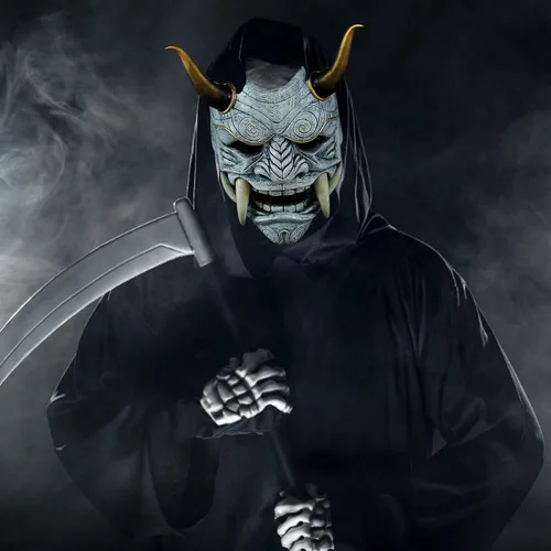 Vista 4 de Máscara de Halloween de miedo japonesa Hannya Oni, máscara de látex de cara completa Evil De-mon Mon-ster para hombres