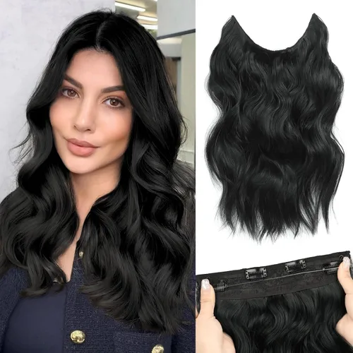 Vista 25 de Extensiones de Cabello con Alambre Invisible - Extensiones de Cabello Halo de 14 Pulgadas Largas Onduladas Postizo Sintético con Alambre