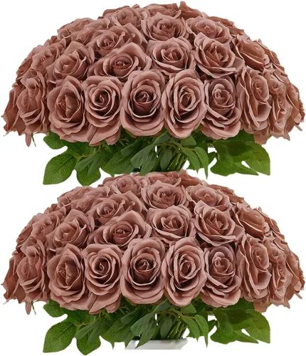 Vista 23 de 10 rosas artificiales abiertas, tallos de rosas artificiales para arreglos de boda, ramo de novia, centro de mesa, flores de seda sintética falsas