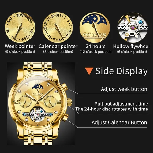 Vista 3 de OLEVS Relojes automáticos para hombre, impermeable, vestido de lujo, cuerda automática, esqueleto mecánico, tourbillon, fase lunar, acero