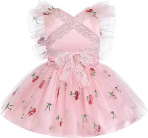 Vista 3 de Vestido para sesión de fotos de fiesta de cumpleaños con espalda descubierta para bebé, niña, mariposa, fresa, volantes, princesa, pastel, fiesta
