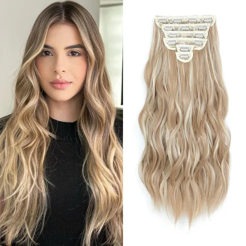 Vista 26 de Fliace Extensiones de cabello con clip para mujer, extensiones de cabello ondulado largo de color marrón medio, extensiones de cabello sintético