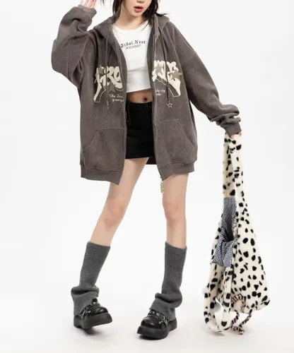 Vista 3 de Sumleno Y2K - Sudadera con capucha y cremallera con estampado de letras y estampado de estrellas, grunge, sudadera de pana con capucha de gran