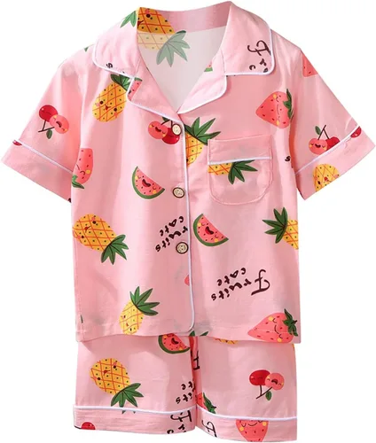 Vista 2 de TBUIALL Conjuntos de ropa para niñas pequeñas, niños y niñas, estampado de aire acondicionado, traje de manga corta, pijama, pantalones deportivos