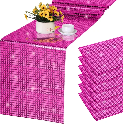 Vista 9 de Durony Paquete de 2 caminos de mesa disco de 11 x 108 pulgadas, espejo rosa intenso con laminado de purpurina y lentejuelas brillantes