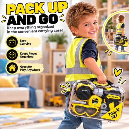 Vista 4 de Juego de herramientas para niños con estuche de transporte, taladro electrónico con brocas y chaleco de construcción – Kit de juego simulado