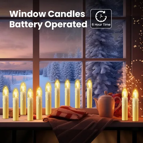 Vista 7 de JOSU Velas sin llama, 12 luces LED parpadeantes, funciona con pilas, con temporizador y clips remotos, velas cónicas de ventana blanca cálida