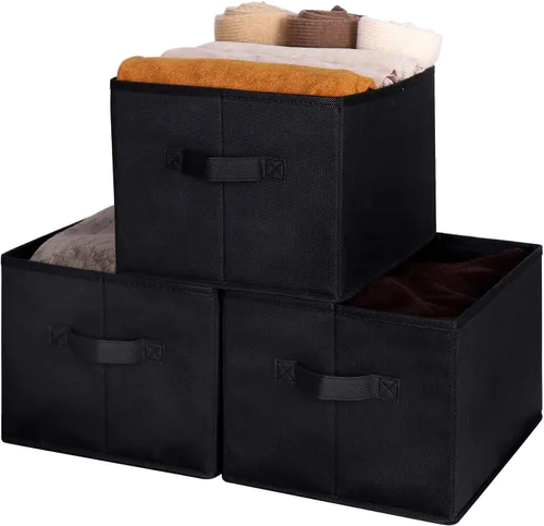 Vista 17 de WUIKE Cestas de almacenamiento para estantes, contenedores de almacenamiento de tela con asas, cesta plegable para estantes organizadores y Beige