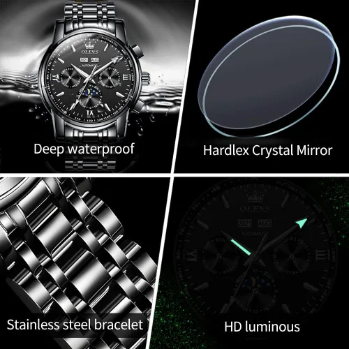 Vista 6 de OLEVS Relojes automáticos para hombre de cuerda automática reloj de pulsera calendario multifunción botón oculto pantalla de sol luna impermeable