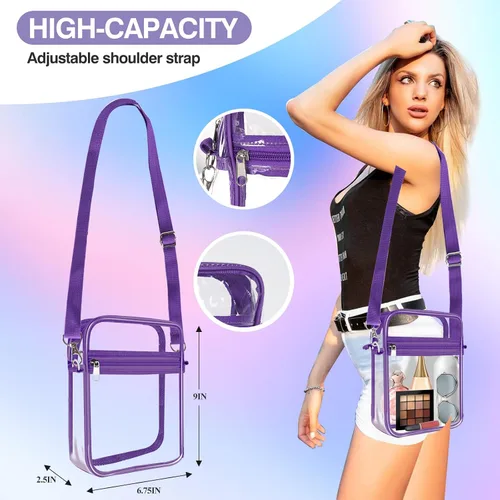 Vista 17 de Bolsa transparente aprobada para estadios, bolsa cruzada transparente, con correa de hombro ajustable para mujer, con bolsillo frontal