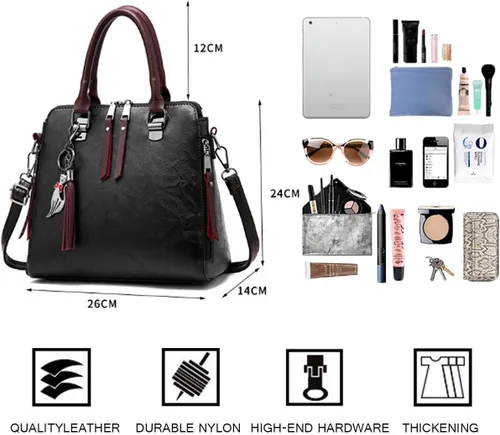 Vista 2 de Dayfine Bolso de mano de cuero para mujer, bolso de mano con asa superior, bolso de hombro con cremallera, bolso cruzado, lindo colgante de gato