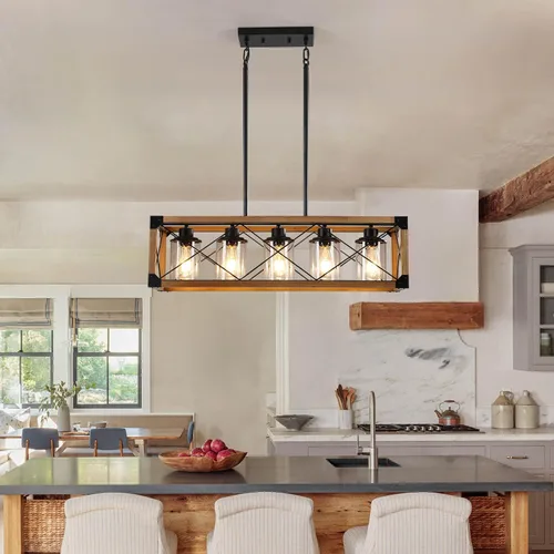 Vista 5 de Lámparas colgantes rústicas de casa de campo, candelabros para comedor y cocina, accesorios de luz de isla de 5 luces, candelabro de madera sobre