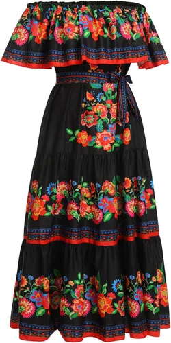 Vista 3 de Vestidos largos para mujer, diseño floral mexicano, estilo étnico, Cinco de Mayo, para fiesta