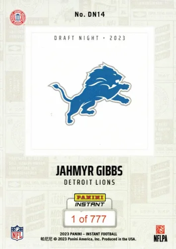 Vista 2 de 2023 Panini Instant Draft Night Football #DN14 Jahmyr Gibbs Rookie Card - Only 777 made!
