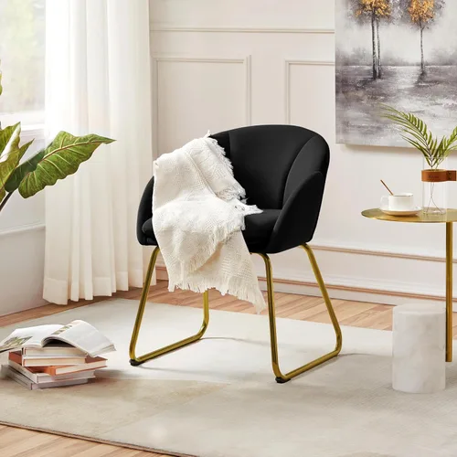 Vista 4 de Yaheetech - Silla de terciopelo moderna con forma de flor, silla de tocador para maquillaje con patas de metal dorado para sala de estar/habitación