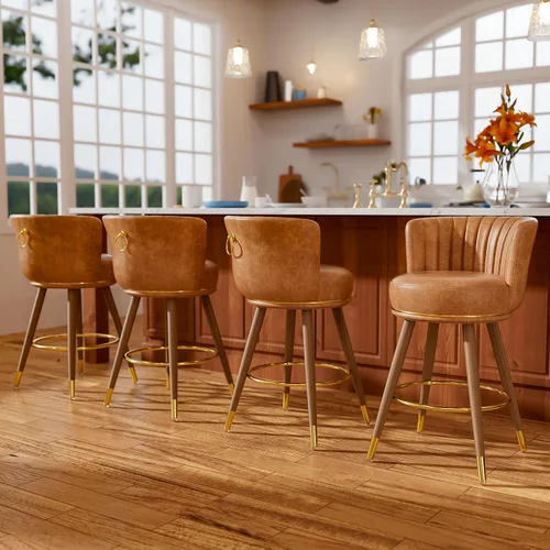 Vista 18 de SeekFancy - Juego de 2 taburetes de bar giratorios de cuero negro de 24 pulgadas Upholstered pleated backs, wood legs, gold footrests, 300lbs