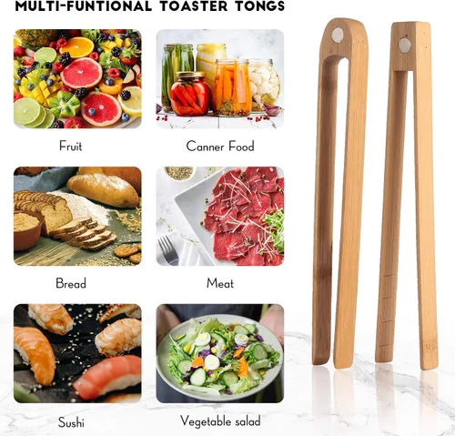 Vista 6 de Patelai 2 pinzas para tostadoras de madera de 8.7 pulgadas con imán magnético de bambú tostada de madera de bambú natural, accesorios de utensilios