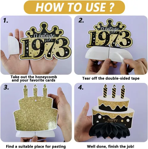 Vista 4 de Decoraciones de fiesta de cumpleaños número 50 en negro y dorado para mujeres y hombres, saludos a los 50 años, pompones de papel, remolino