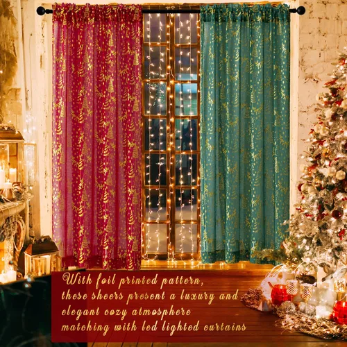 Vista 2 de XTMYI Cortinas verdes de cocina para ventanas sobre fregadero, cortinas cortas de Navidad para sala de estar, juegos de 2 paneles, 45 pulgadas