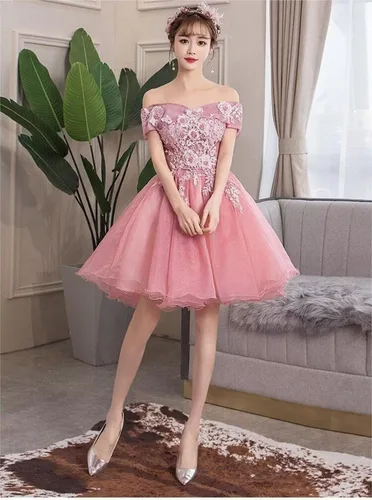 Vista 2 de Dydsz Vestido corto de tul con apliques de hombro descubierto para mujer, vestido de fiesta de graduación para adolescentes y jóvenes