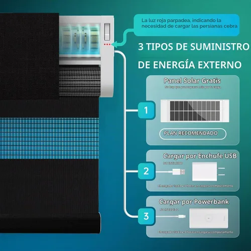 Vista 3 de Persianas de cebra motorizadas, persianas automáticas de doble capa con energía solar y control remoto, persianas eléctricas inalámbricas