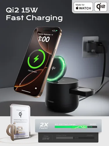 Vista 4 de Estación de carga inalámbrica magnética Qi2 4 en 1, cargador rápido de 15 W con módulo de carga hecho para Apple Watch, para iPhone 17-12 Series