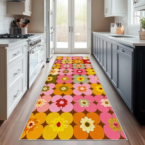 Vista 11 de Alfombra de pasillo de 2 x 4 pulgadas, tamaño pequeño, diseño floral retro de los años 70, antideslizante, lavable, alfombra de decoración del hogar