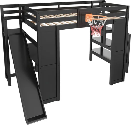 Vista 5 de Cama tipo loft de tamaño matrimonial con escritorio y tobogán para deportes Negro