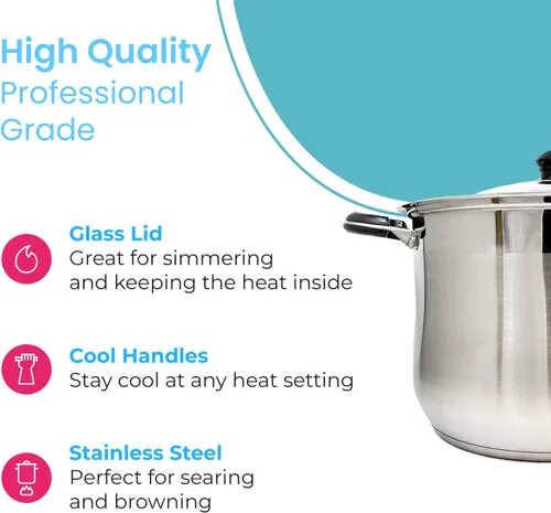 Vista 3 de Olla profesional de acero inoxidable para sopa, caldo y pasta con tapa de vidrio, base encapsulada, capacidad de inducción de gas, tamaño de 12