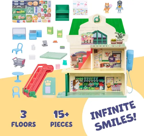 Vista 5 de Bluey Bluey - Juego de supermercado y bingo con escalera mecánica, juguetes de simulación para niños pequeños, sonidos y 15 piezas, juego de tienda