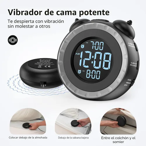 Vista 2 de uscce Reloj despertador fuerte dual con agitador de cama - Atenuador 0-100%, reloj despertador vibratorio para personas que duermen pesadas