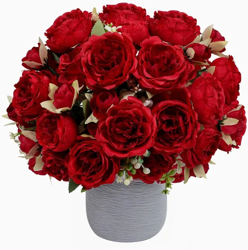 Vista 22 de Flores artificiales de seda, ramo de peonías sintéticas beige, 4 paquetes de arreglos florales para decoración de casa de campo, centro de mesa
