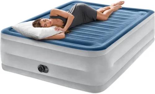 Vista 2 de Intex: Dura-Beam Deluxe Comfort - Colchón de aire de felpa, 22 pulgadas, azul Queen, bomba eléctrica integrada, tecnología de fibra duradera, bolsa