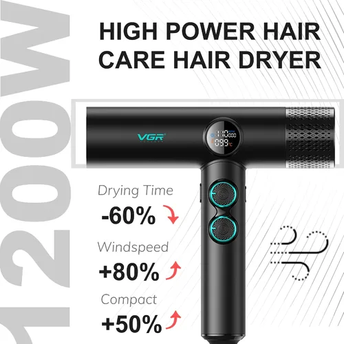 Vista 2 de VGR Secador de pelo iónico negativo 401, secador profesional de motor BLDC para secado rápido, pantalla LED, termo de bajo ruido y secador de pelo