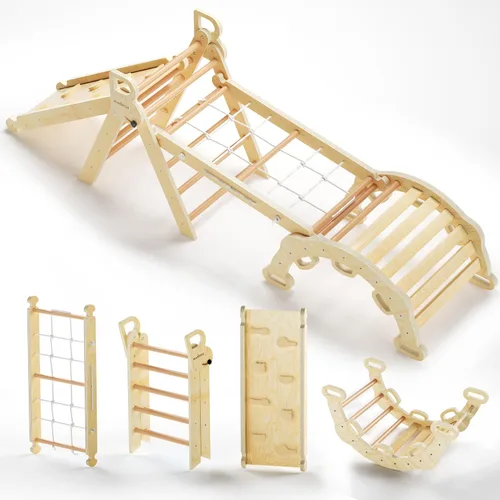 Vista 13 de BlueWood Pikler - Juego de triángulos 7 en 1 plegables, juguetes de escalada Montessori de madera con arco y rampa y escalera, escalador para bebés