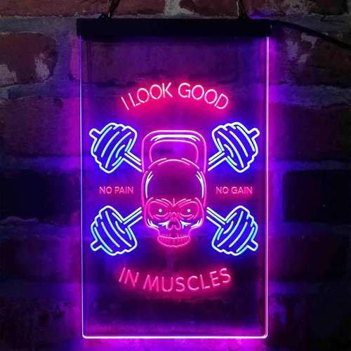 Vista 2 de ADVPRO No Pain No Gain I Look Good in Muscles Weight Train Gym Fitness Señal de neón LED de doble color azul y rojo 8 x 12 pulgadas st6s23-i4093-br