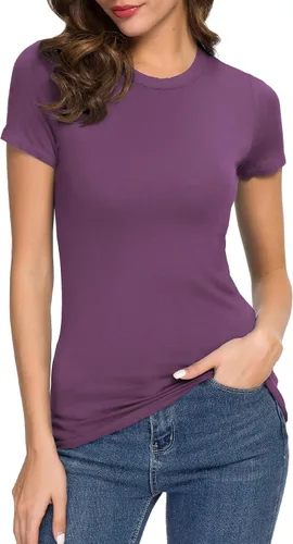 Vista 24 de Camiseta de mujer con cuello redondo, manga corta, ajustada, elástica, básica, de Urban CoCo Negro
