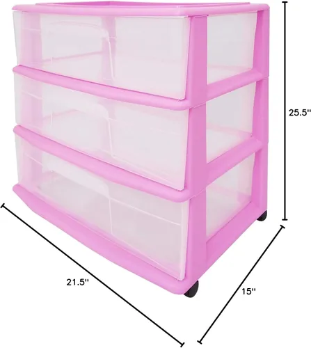 Vista 2 de HOMZ Carrito ancho de almacenamiento de plástico con 3 cajones, color morado